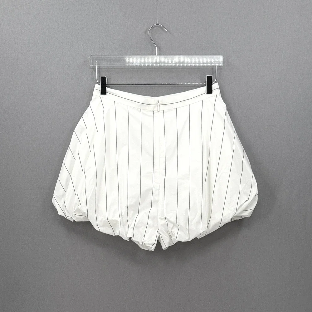 TIBI Striped Tech Poplin Bubble Shorts Womens 6 White Black Quiet Luxury Minimal